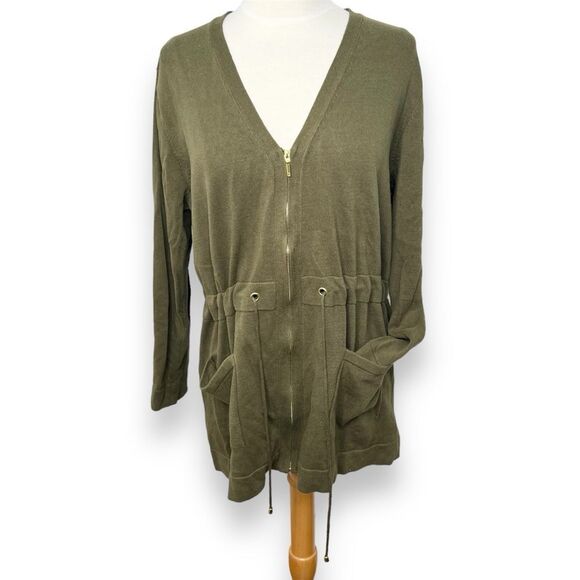 Liz Claiborne Olive Green Zip Utility Boyfriend Cardigan Sweater Cotton - Picture 1 of 4